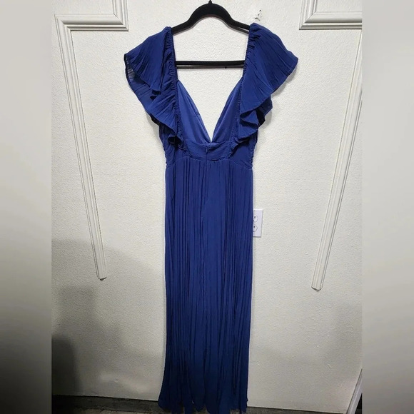 Lulus Ideal Occasion Blue Pleated Flutter Sleeve Backless Maxi Dress M Party - Picture 9 of 11